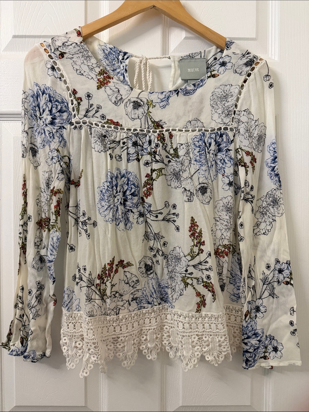Maeve Cream Floral Lace-Trim Peasant Blouse with Blue Print